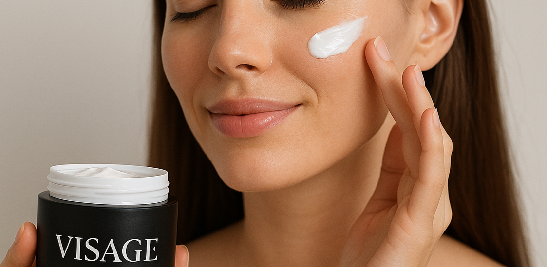 beautiful girl using white cream black color product Brand named VISAGE